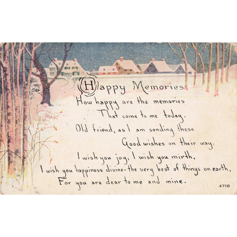 Vtg Happy Memories Snowy Winter Village Poem Greeting Postcard 1921 Owen 471B